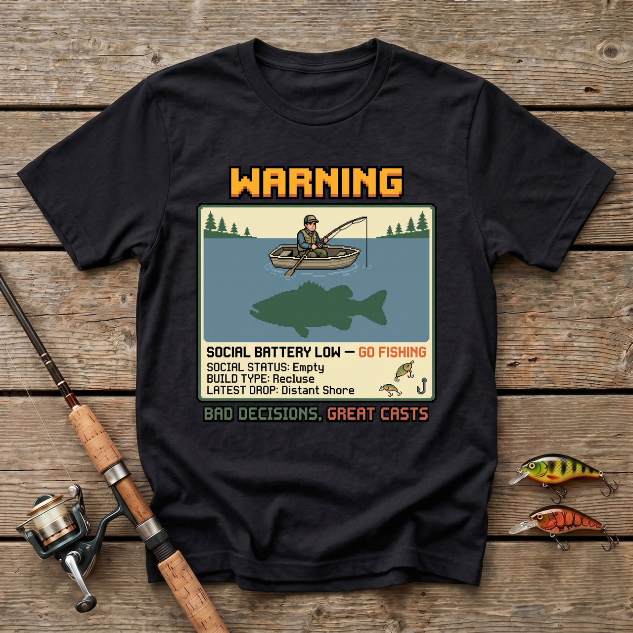 Warning: Social Battery Low - Go Fishing T-Shirt