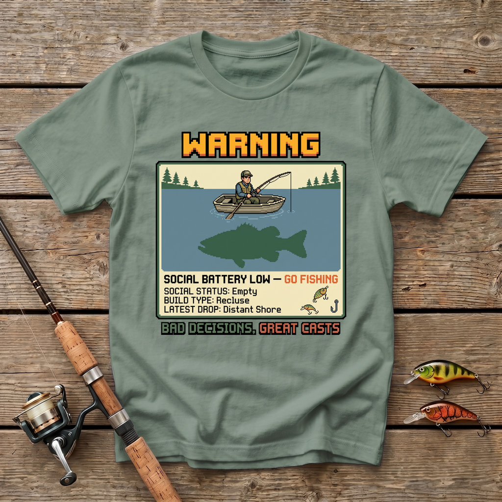 Warning: Social Battery Low - Go Fishing T-Shirt