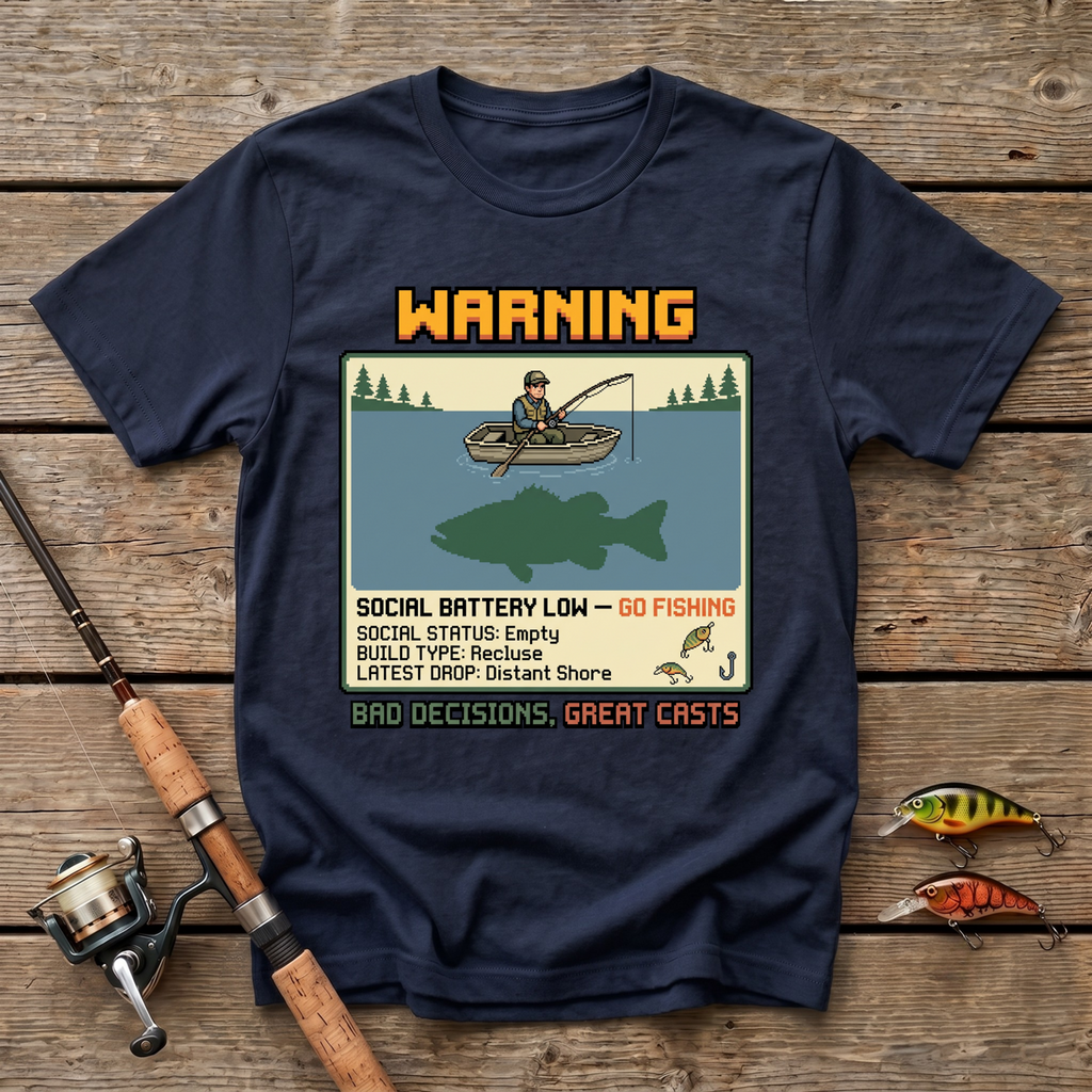 Warning: Social Battery Low - Go Fishing T-Shirt