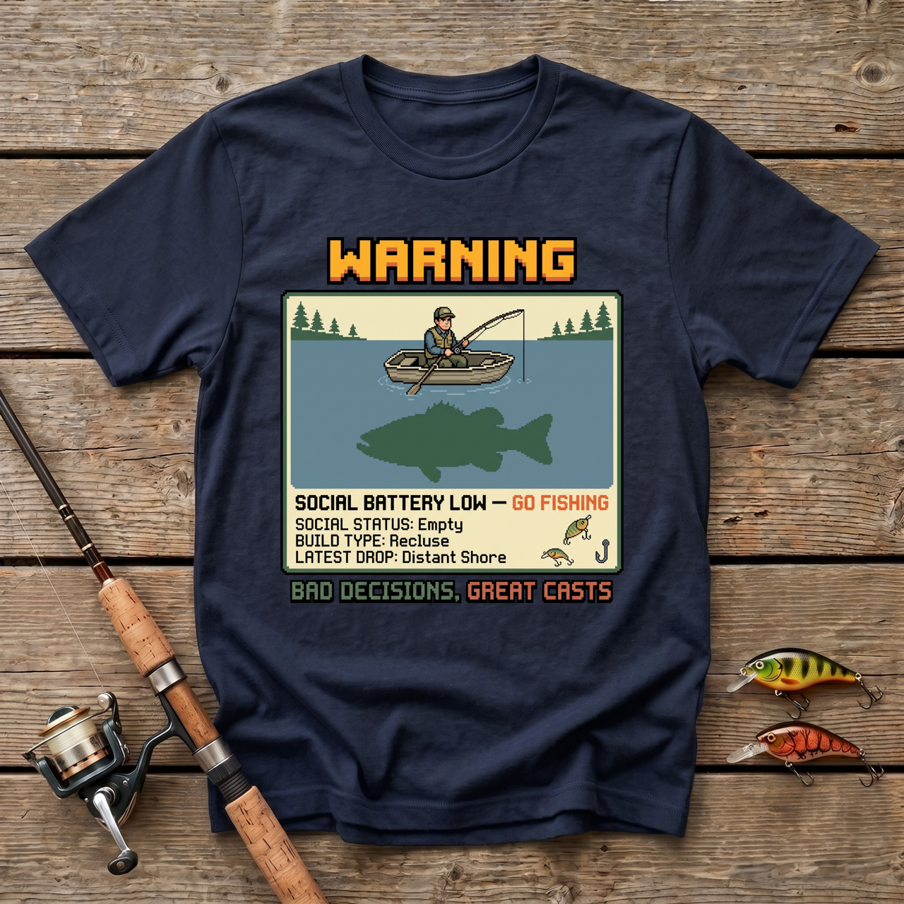 Warning: Social Battery Low - Go Fishing T-Shirt
