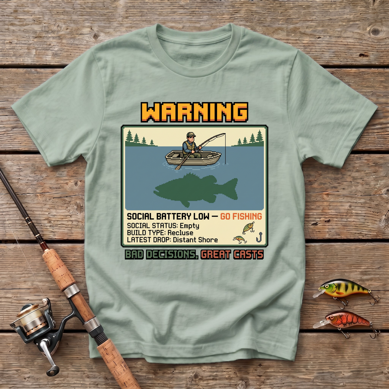 Warning: Social Battery Low - Go Fishing T-Shirt