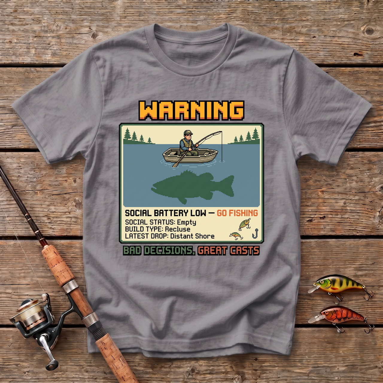Warning: Social Battery Low - Go Fishing T-Shirt