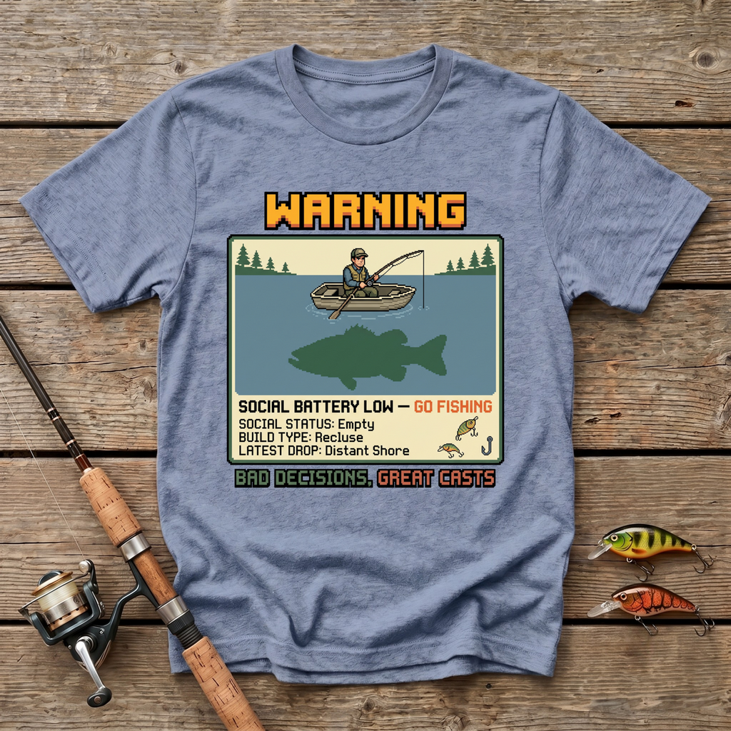 Warning: Social Battery Low - Go Fishing T-Shirt