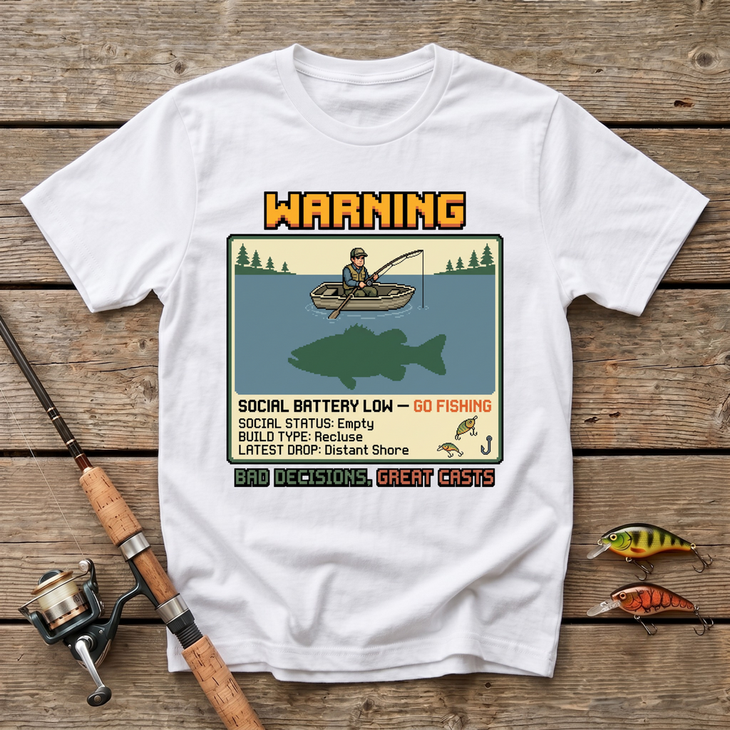 Warning: Social Battery Low - Go Fishing T-Shirt