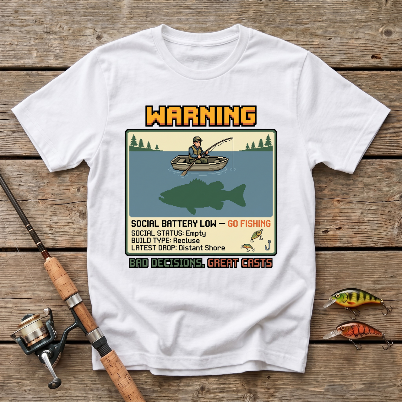 Warning: Social Battery Low - Go Fishing T-Shirt